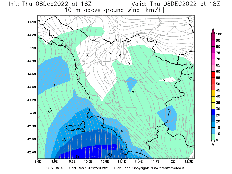 Mappa di analisi GFS - Velocità del vento a 10 metri dal suolo [km/h] in Toscana
							del 08/12/2022 18 <!--googleoff: index-->UTC<!--googleon: index-->