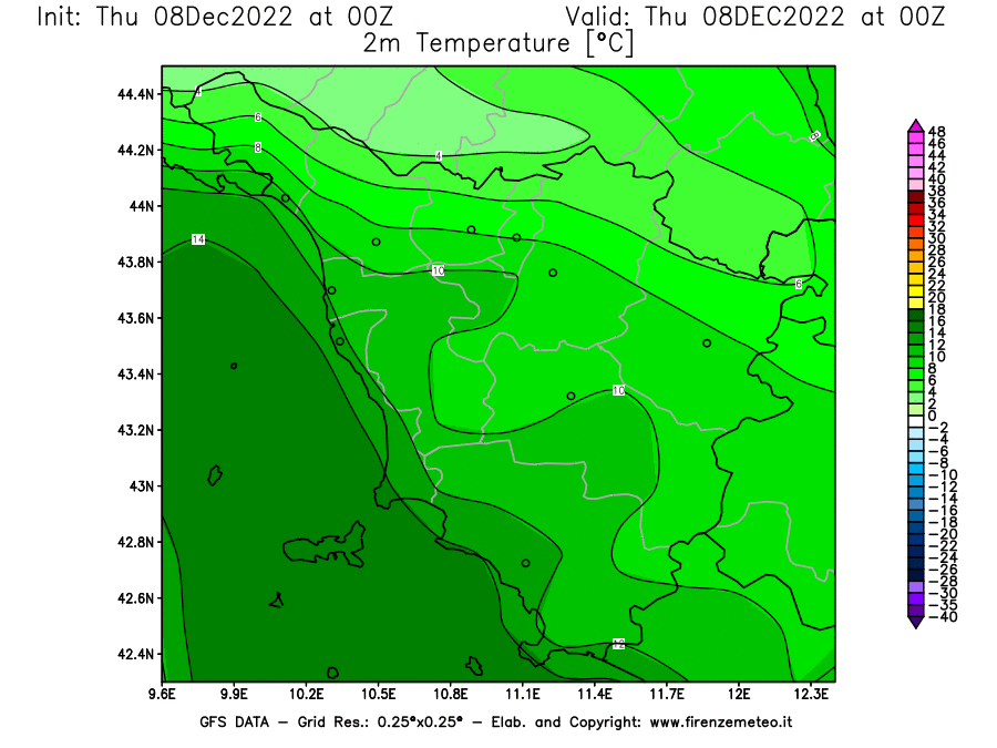 Mappa di analisi GFS - Temperatura a 2 metri dal suolo [°C] in Toscana
							del 08/12/2022 00 <!--googleoff: index-->UTC<!--googleon: index-->