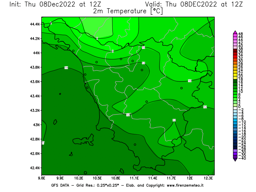 Mappa di analisi GFS - Temperatura a 2 metri dal suolo [°C] in Toscana
							del 08/12/2022 12 <!--googleoff: index-->UTC<!--googleon: index-->