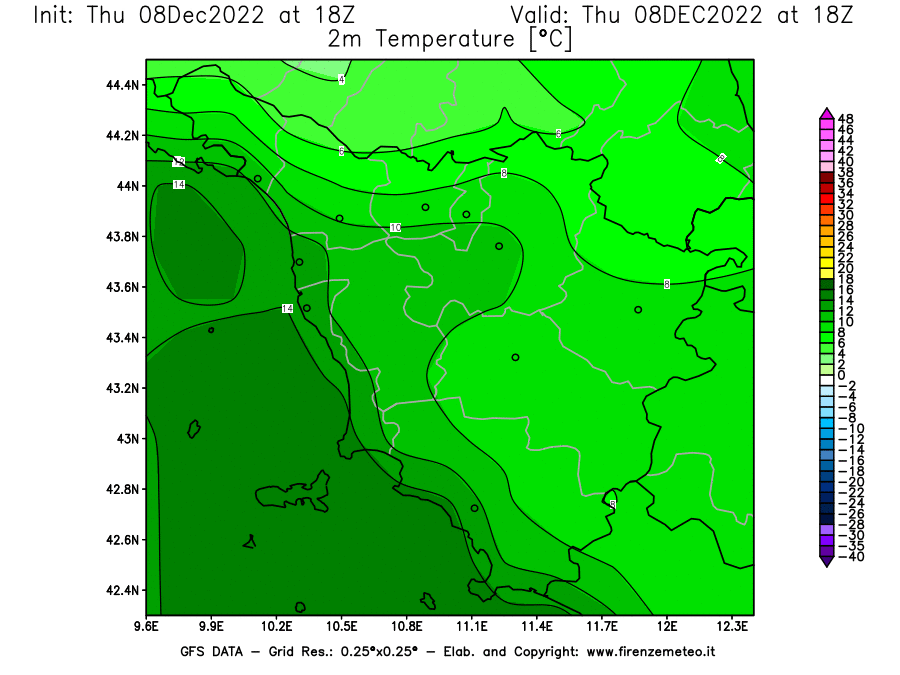 Mappa di analisi GFS - Temperatura a 2 metri dal suolo [°C] in Toscana
							del 08/12/2022 18 <!--googleoff: index-->UTC<!--googleon: index-->