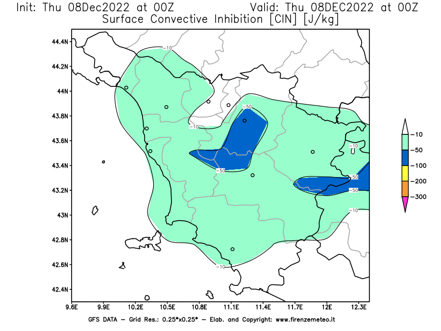 Mappa di analisi GFS - CIN [J/kg] in Toscana
							del 08/12/2022 00 <!--googleoff: index-->UTC<!--googleon: index-->