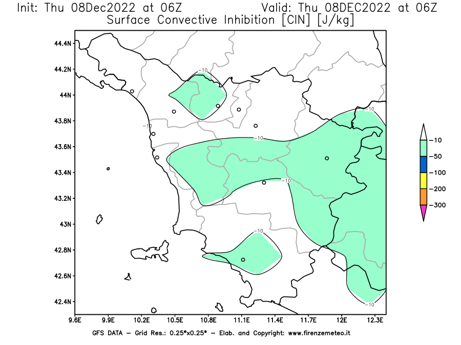 Mappa di analisi GFS - CIN [J/kg] in Toscana
							del 08/12/2022 06 <!--googleoff: index-->UTC<!--googleon: index-->