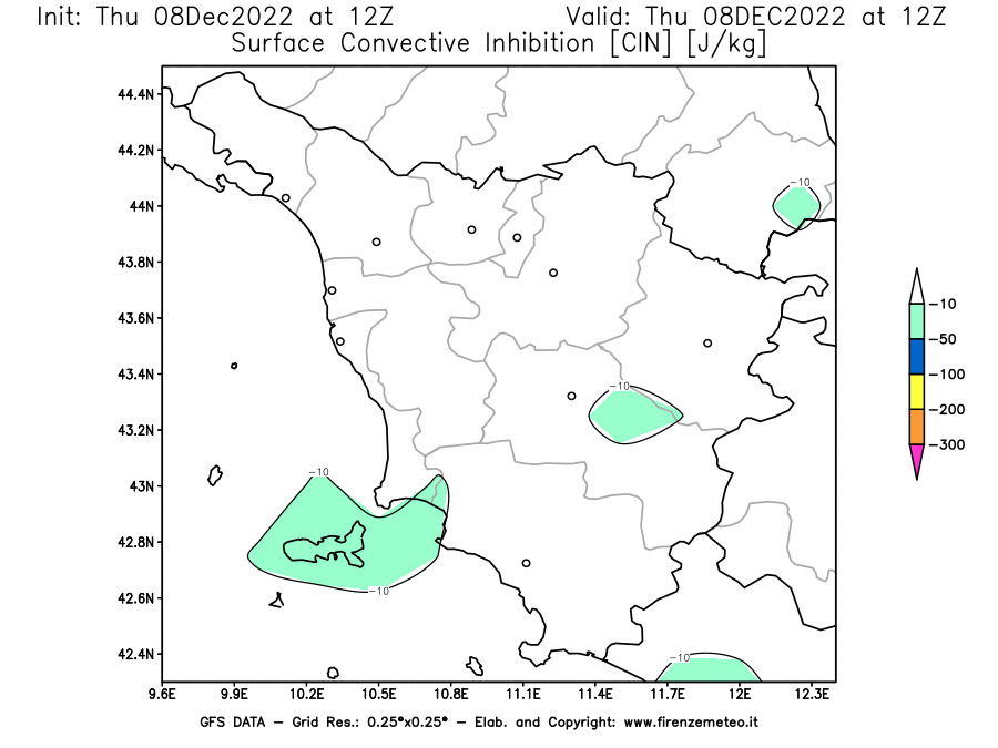 Mappa di analisi GFS - CIN [J/kg] in Toscana
							del 08/12/2022 12 <!--googleoff: index-->UTC<!--googleon: index-->