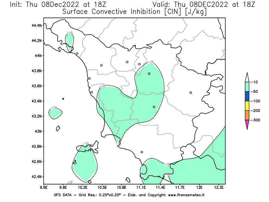 Mappa di analisi GFS - CIN [J/kg] in Toscana
							del 08/12/2022 18 <!--googleoff: index-->UTC<!--googleon: index-->