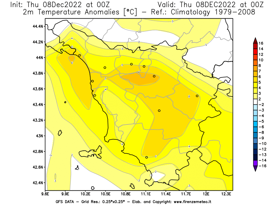 Mappa di analisi GFS - Anomalia Temperatura [°C] a 2 m in Toscana
							del 08/12/2022 00 <!--googleoff: index-->UTC<!--googleon: index-->
