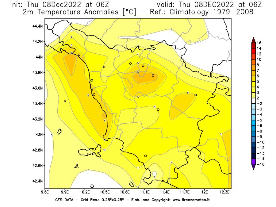 Mappa di analisi GFS - Anomalia Temperatura [°C] a 2 m in Toscana
							del 08/12/2022 06 <!--googleoff: index-->UTC<!--googleon: index-->