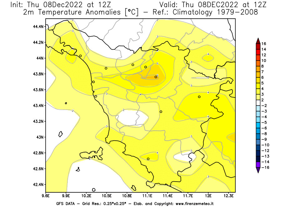 Mappa di analisi GFS - Anomalia Temperatura [°C] a 2 m in Toscana
							del 08/12/2022 12 <!--googleoff: index-->UTC<!--googleon: index-->
