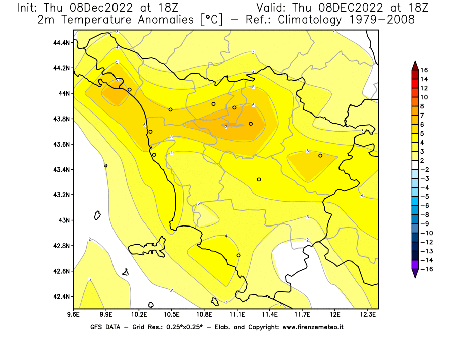 Mappa di analisi GFS - Anomalia Temperatura [°C] a 2 m in Toscana
							del 08/12/2022 18 <!--googleoff: index-->UTC<!--googleon: index-->