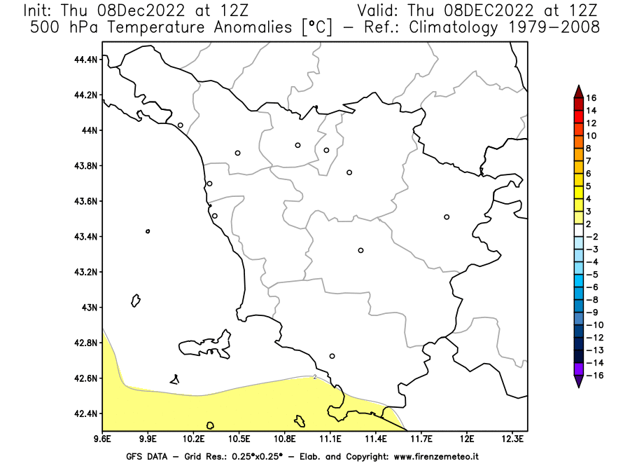 Mappa di analisi GFS - Anomalia Temperatura [°C] a 500 hPa in Toscana
							del 08/12/2022 12 <!--googleoff: index-->UTC<!--googleon: index-->