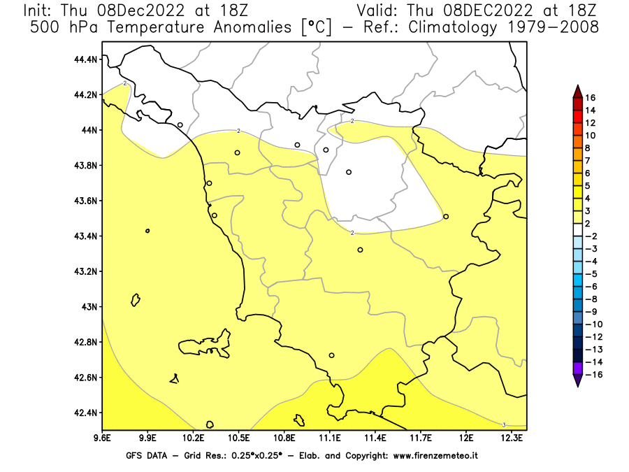 Mappa di analisi GFS - Anomalia Temperatura [°C] a 500 hPa in Toscana
							del 08/12/2022 18 <!--googleoff: index-->UTC<!--googleon: index-->