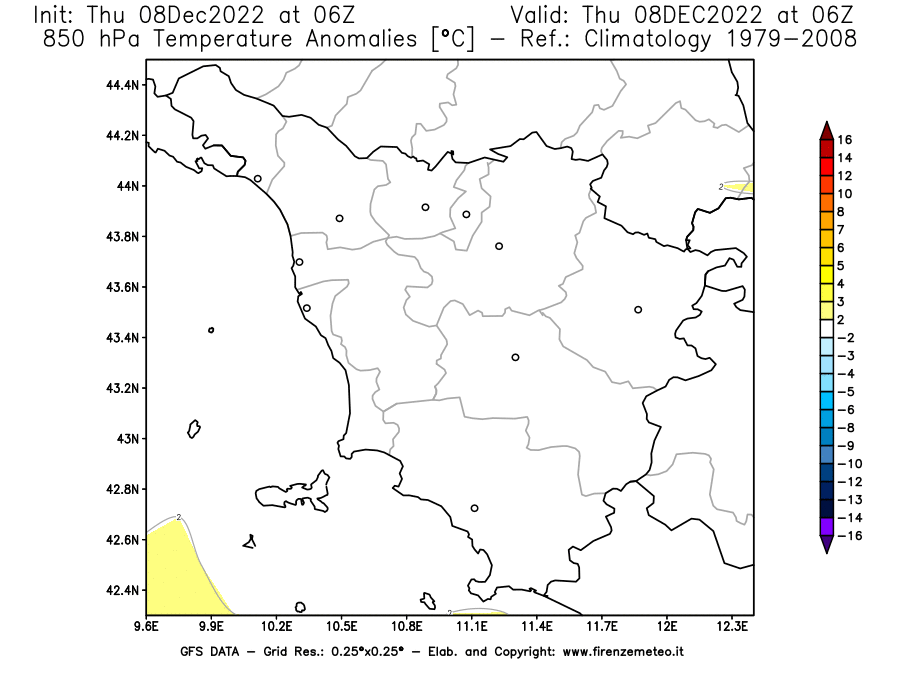 Mappa di analisi GFS - Anomalia Temperatura [°C] a 850 hPa in Toscana
							del 08/12/2022 06 <!--googleoff: index-->UTC<!--googleon: index-->