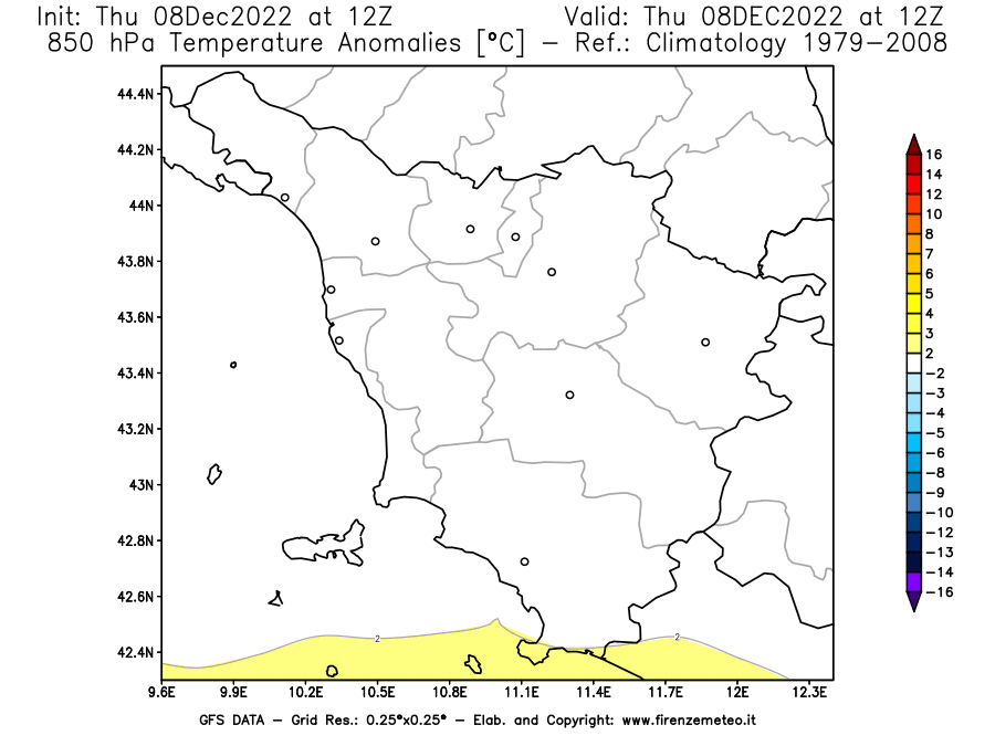Mappa di analisi GFS - Anomalia Temperatura [°C] a 850 hPa in Toscana
							del 08/12/2022 12 <!--googleoff: index-->UTC<!--googleon: index-->
