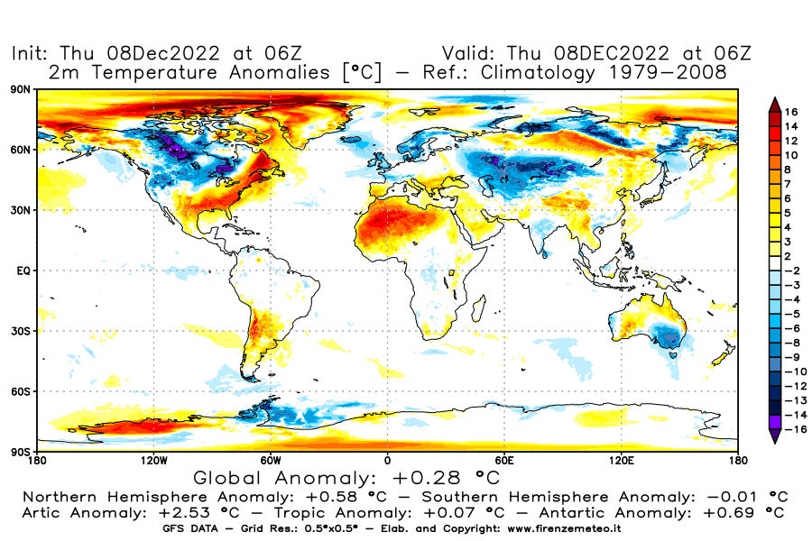 Mappa di analisi GFS - Anomalia Temperatura [°C] a 2 m in World
							del 08/12/2022 06 <!--googleoff: index-->UTC<!--googleon: index-->