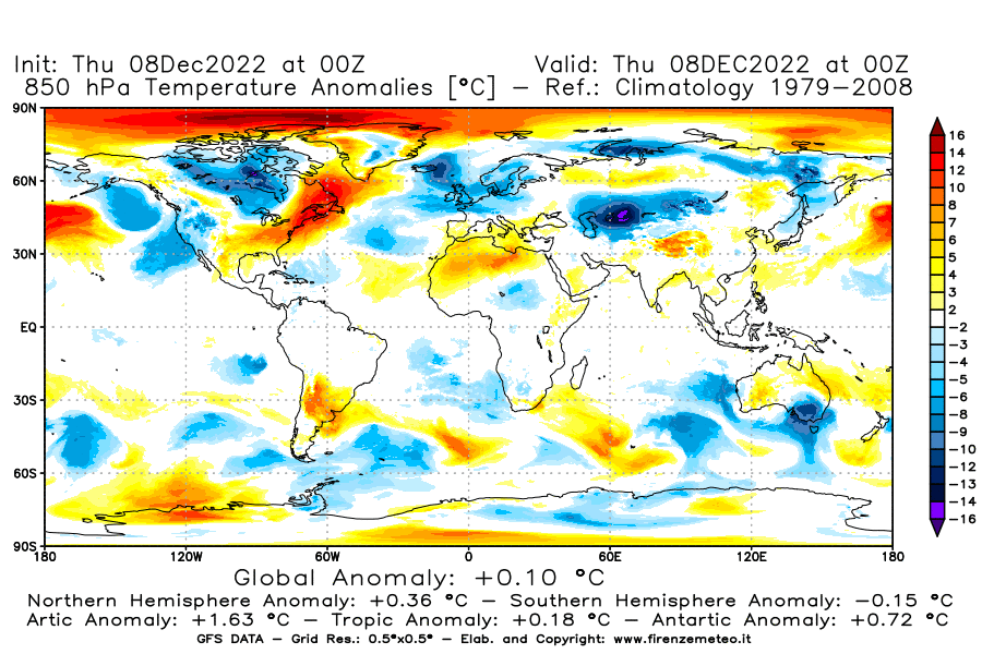 Mappa di analisi GFS - Anomalia Temperatura [°C] a 850 hPa in World
							del 08/12/2022 00 <!--googleoff: index-->UTC<!--googleon: index-->