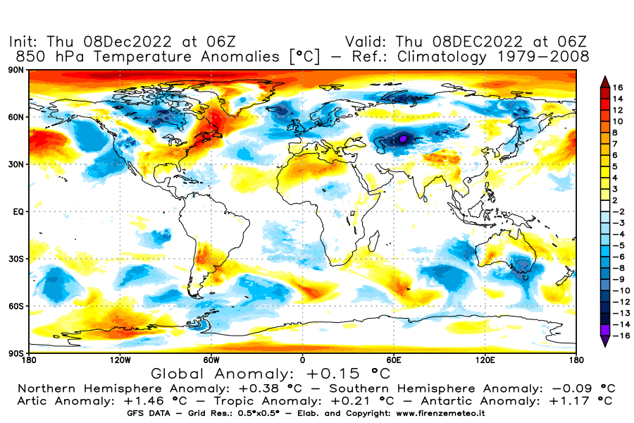 Mappa di analisi GFS - Anomalia Temperatura [°C] a 850 hPa in World
							del 08/12/2022 06 <!--googleoff: index-->UTC<!--googleon: index-->
