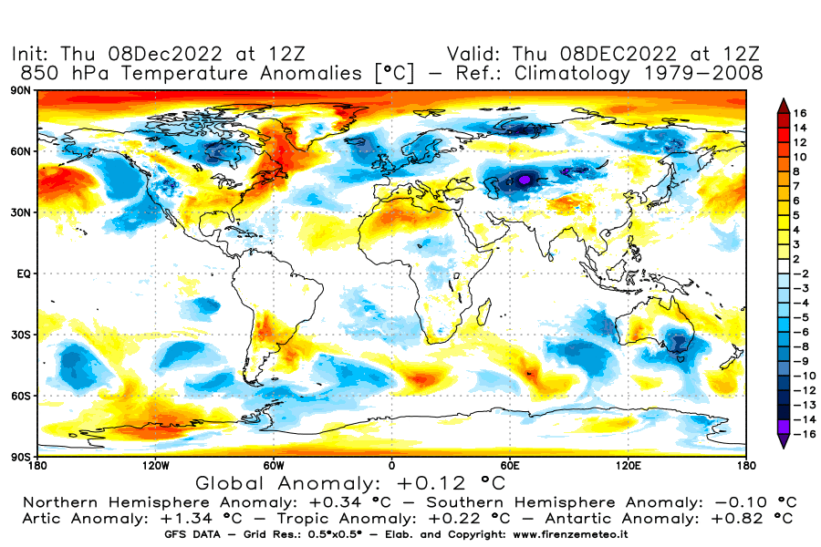Mappa di analisi GFS - Anomalia Temperatura [°C] a 850 hPa in World
							del 08/12/2022 12 <!--googleoff: index-->UTC<!--googleon: index-->