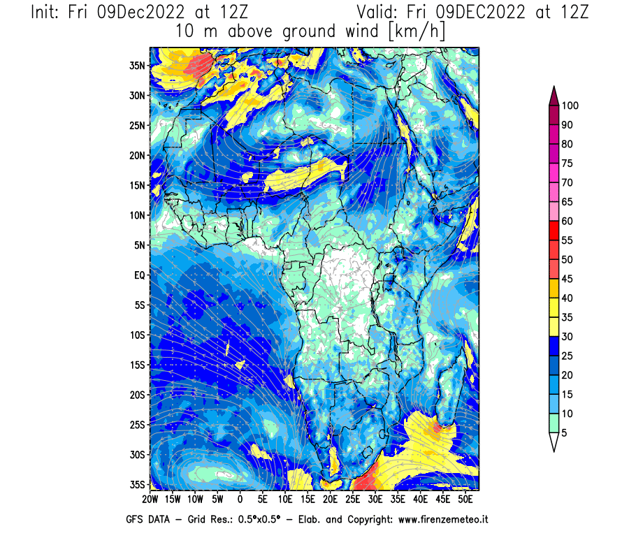 Mappa di analisi GFS - Velocità del vento a 10 metri dal suolo [km/h] in Africa
							del 09/12/2022 12 <!--googleoff: index-->UTC<!--googleon: index-->