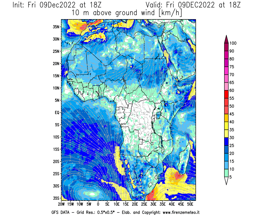 Mappa di analisi GFS - Velocità del vento a 10 metri dal suolo [km/h] in Africa
							del 09/12/2022 18 <!--googleoff: index-->UTC<!--googleon: index-->