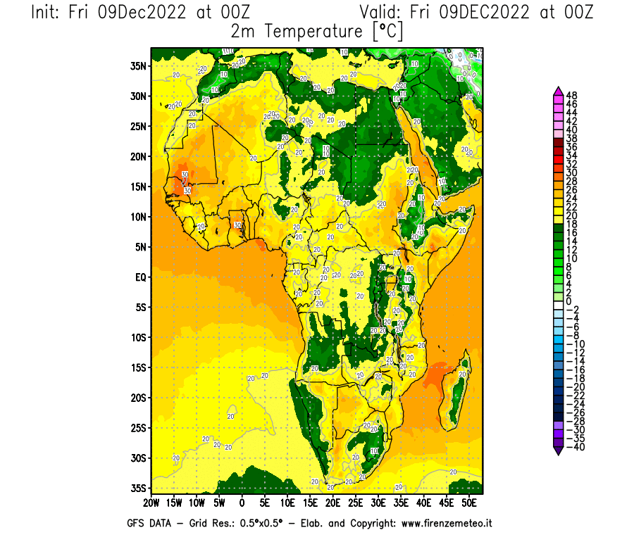 Mappa di analisi GFS - Temperatura a 2 metri dal suolo [°C] in Africa
							del 09/12/2022 00 <!--googleoff: index-->UTC<!--googleon: index-->