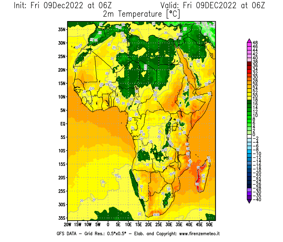 Mappa di analisi GFS - Temperatura a 2 metri dal suolo [°C] in Africa
							del 09/12/2022 06 <!--googleoff: index-->UTC<!--googleon: index-->