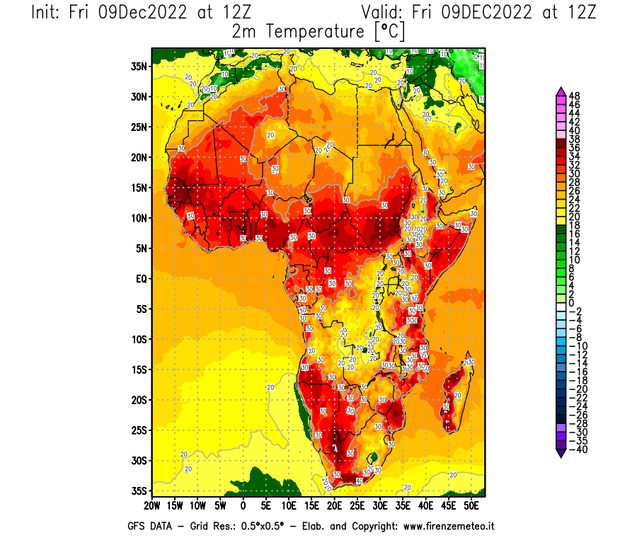 Mappa di analisi GFS - Temperatura a 2 metri dal suolo [°C] in Africa
							del 09/12/2022 12 <!--googleoff: index-->UTC<!--googleon: index-->
