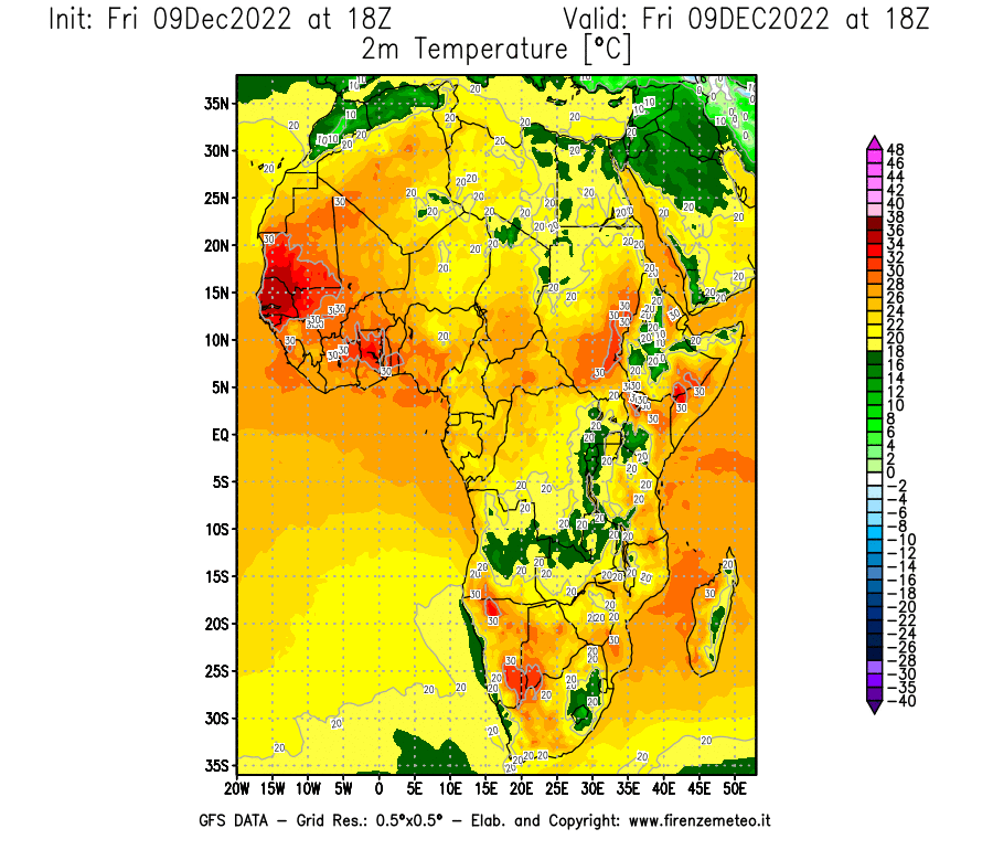Mappa di analisi GFS - Temperatura a 2 metri dal suolo [°C] in Africa
							del 09/12/2022 18 <!--googleoff: index-->UTC<!--googleon: index-->