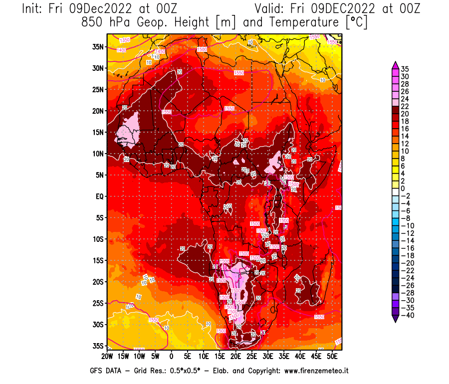 Mappa di analisi GFS - Geopotenziale [m] e Temperatura [°C] a 850 hPa in Africa
							del 09/12/2022 00 <!--googleoff: index-->UTC<!--googleon: index-->