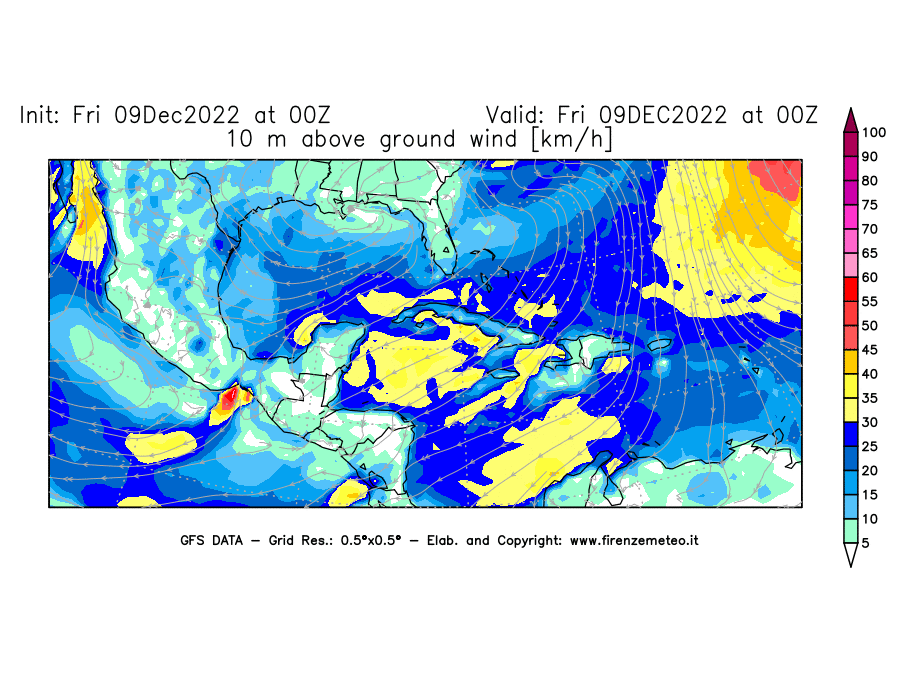 Mappa di analisi GFS - Velocità del vento a 10 metri dal suolo [km/h] in Centro-America
							del 09/12/2022 00 <!--googleoff: index-->UTC<!--googleon: index-->