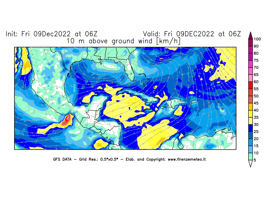 Mappa di analisi GFS - Velocità del vento a 10 metri dal suolo [km/h] in Centro-America
							del 09/12/2022 06 <!--googleoff: index-->UTC<!--googleon: index-->