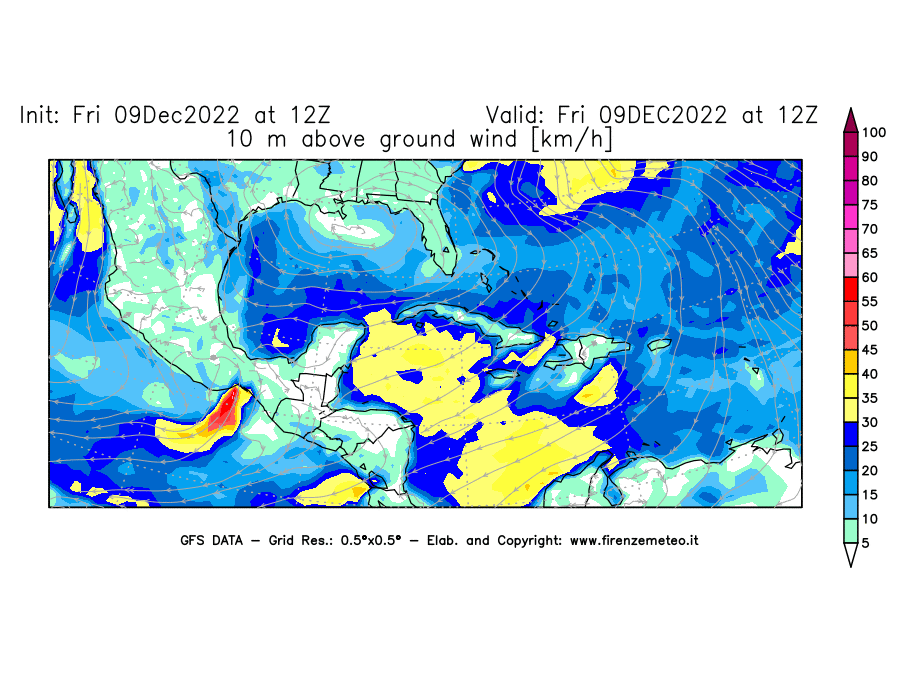 Mappa di analisi GFS - Velocità del vento a 10 metri dal suolo [km/h] in Centro-America
							del 09/12/2022 12 <!--googleoff: index-->UTC<!--googleon: index-->