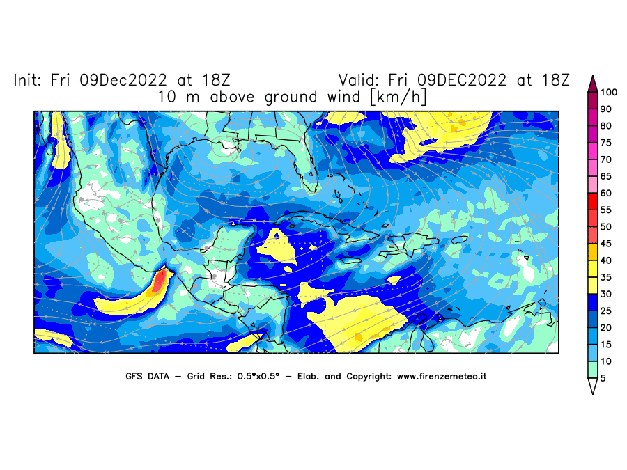 Mappa di analisi GFS - Velocità del vento a 10 metri dal suolo [km/h] in Centro-America
							del 09/12/2022 18 <!--googleoff: index-->UTC<!--googleon: index-->