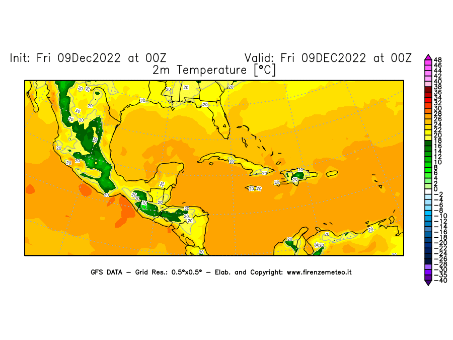 Mappa di analisi GFS - Temperatura a 2 metri dal suolo [°C] in Centro-America
							del 09/12/2022 00 <!--googleoff: index-->UTC<!--googleon: index-->