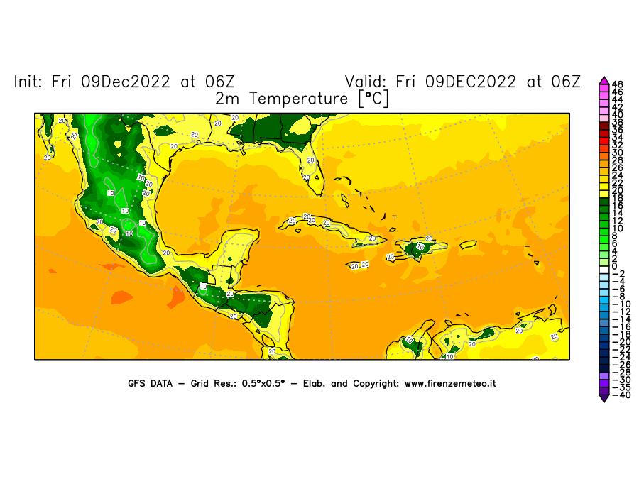 Mappa di analisi GFS - Temperatura a 2 metri dal suolo [°C] in Centro-America
							del 09/12/2022 06 <!--googleoff: index-->UTC<!--googleon: index-->