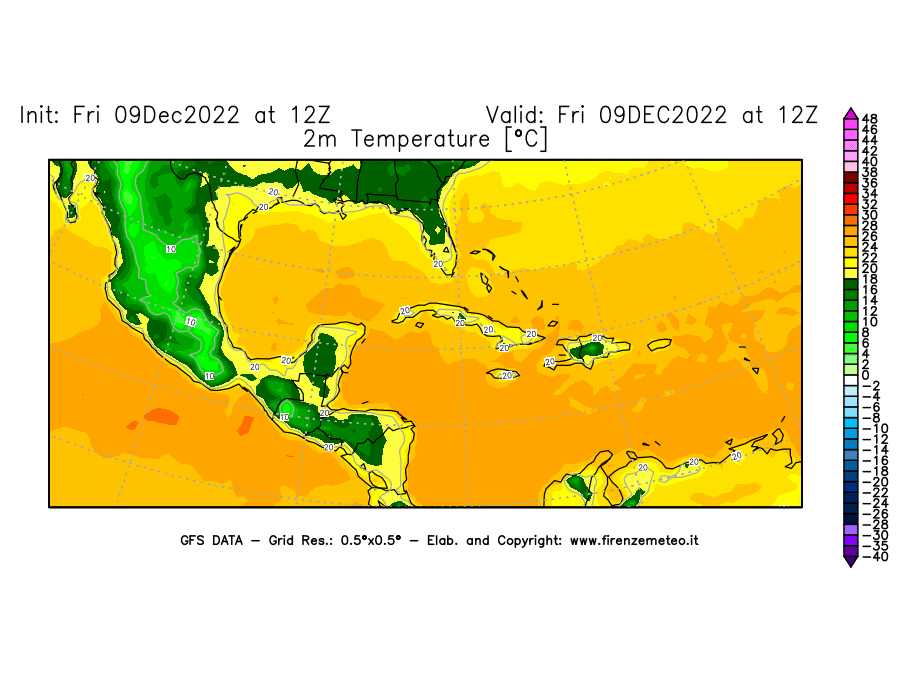 Mappa di analisi GFS - Temperatura a 2 metri dal suolo [°C] in Centro-America
							del 09/12/2022 12 <!--googleoff: index-->UTC<!--googleon: index-->