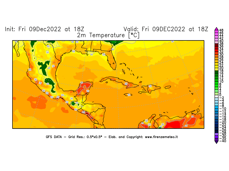 Mappa di analisi GFS - Temperatura a 2 metri dal suolo [°C] in Centro-America
							del 09/12/2022 18 <!--googleoff: index-->UTC<!--googleon: index-->