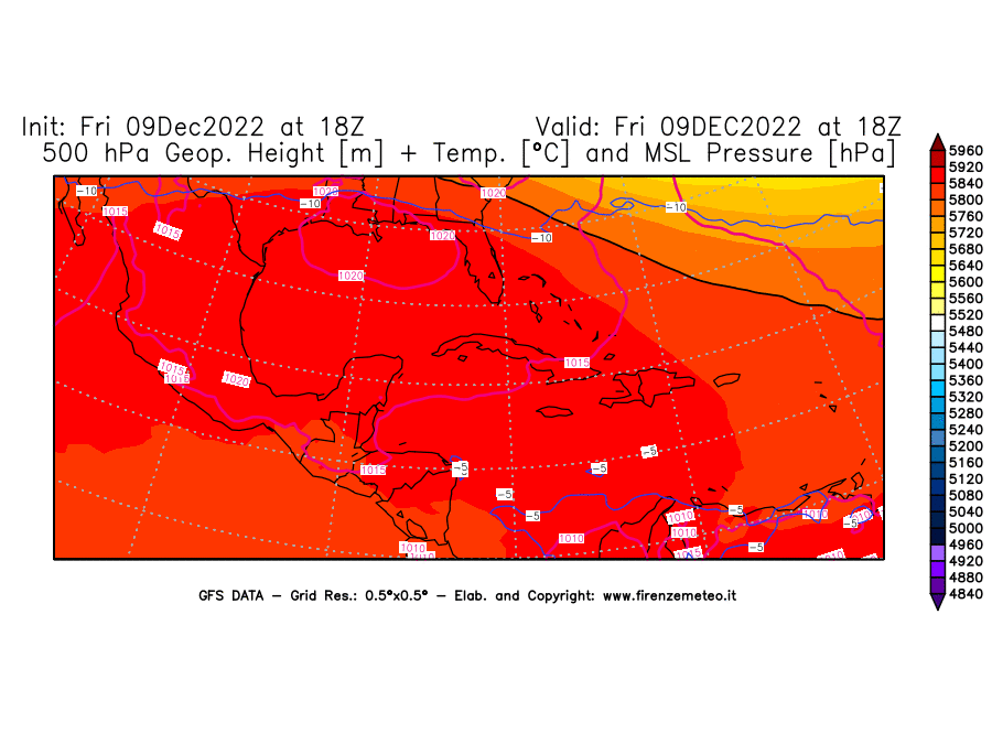 Mappa di analisi GFS - Geopotenziale [m] + Temp. [°C] a 500 hPa + Press. a livello del mare [hPa] in Centro-America
							del 09/12/2022 18 <!--googleoff: index-->UTC<!--googleon: index-->