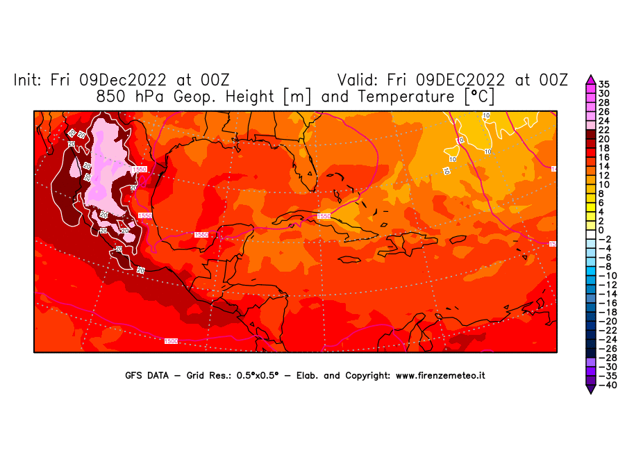 Mappa di analisi GFS - Geopotenziale [m] e Temperatura [°C] a 850 hPa in Centro-America
							del 09/12/2022 00 <!--googleoff: index-->UTC<!--googleon: index-->