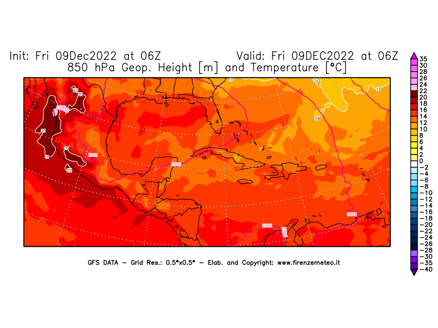 Mappa di analisi GFS - Geopotenziale [m] e Temperatura [°C] a 850 hPa in Centro-America
							del 09/12/2022 06 <!--googleoff: index-->UTC<!--googleon: index-->