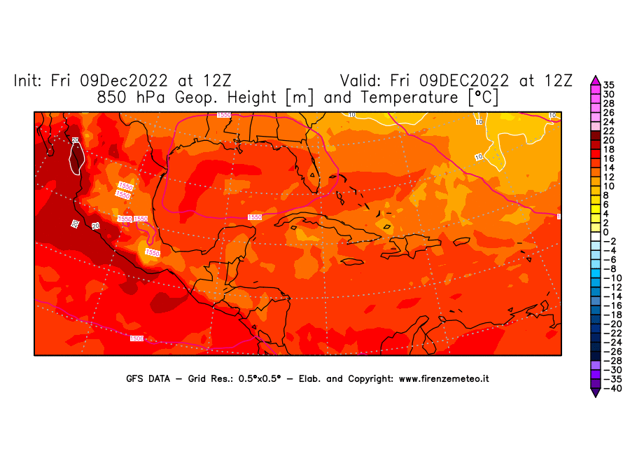 Mappa di analisi GFS - Geopotenziale [m] e Temperatura [°C] a 850 hPa in Centro-America
							del 09/12/2022 12 <!--googleoff: index-->UTC<!--googleon: index-->