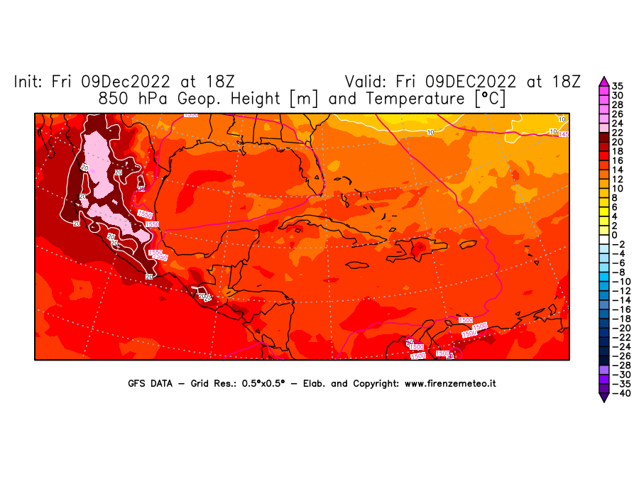 Mappa di analisi GFS - Geopotenziale [m] e Temperatura [°C] a 850 hPa in Centro-America
							del 09/12/2022 18 <!--googleoff: index-->UTC<!--googleon: index-->