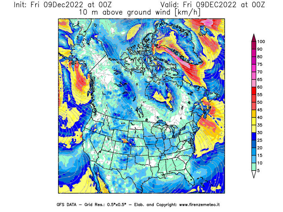 Mappa di analisi GFS - Velocità del vento a 10 metri dal suolo [km/h] in Nord-America
							del 09/12/2022 00 <!--googleoff: index-->UTC<!--googleon: index-->