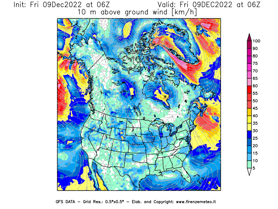 Mappa di analisi GFS - Velocità del vento a 10 metri dal suolo [km/h] in Nord-America
							del 09/12/2022 06 <!--googleoff: index-->UTC<!--googleon: index-->