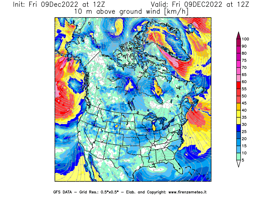 Mappa di analisi GFS - Velocità del vento a 10 metri dal suolo [km/h] in Nord-America
							del 09/12/2022 12 <!--googleoff: index-->UTC<!--googleon: index-->