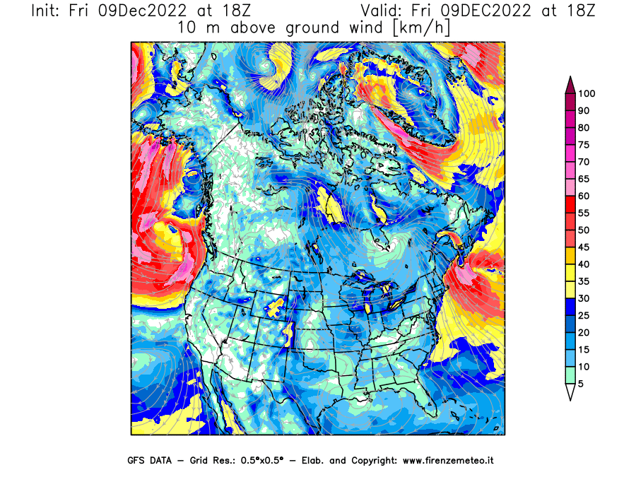 Mappa di analisi GFS - Velocità del vento a 10 metri dal suolo [km/h] in Nord-America
							del 09/12/2022 18 <!--googleoff: index-->UTC<!--googleon: index-->
