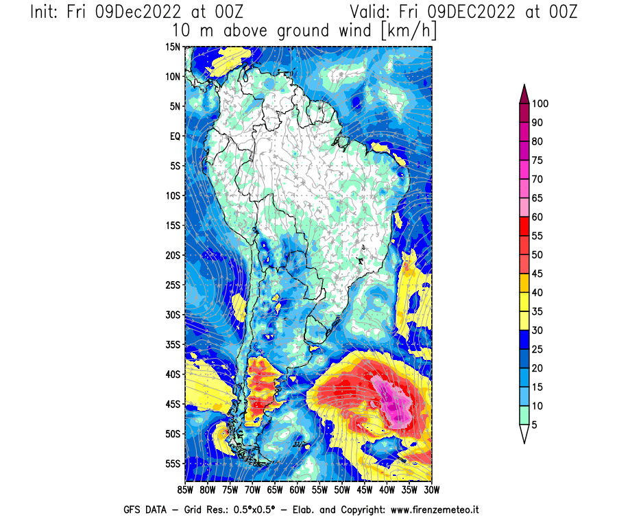 Mappa di analisi GFS - Velocità del vento a 10 metri dal suolo [km/h] in Sud-America
							del 09/12/2022 00 <!--googleoff: index-->UTC<!--googleon: index-->