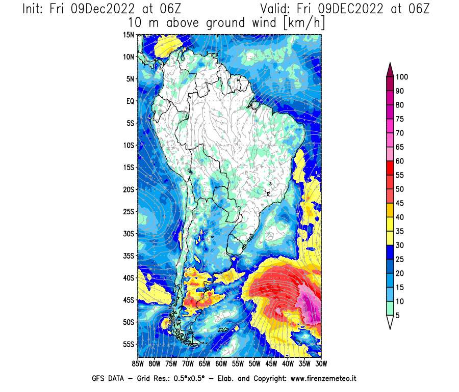 Mappa di analisi GFS - Velocità del vento a 10 metri dal suolo [km/h] in Sud-America
							del 09/12/2022 06 <!--googleoff: index-->UTC<!--googleon: index-->