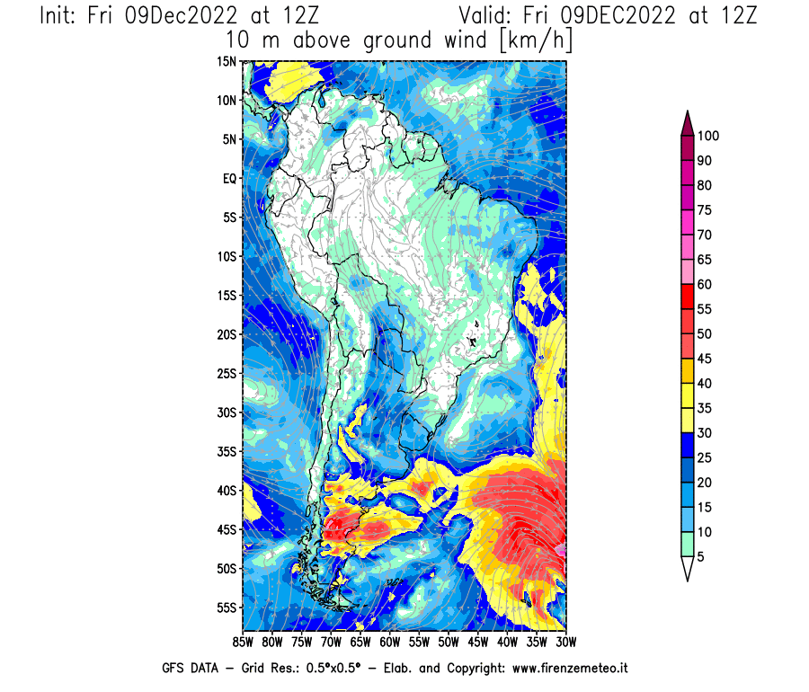 Mappa di analisi GFS - Velocità del vento a 10 metri dal suolo [km/h] in Sud-America
							del 09/12/2022 12 <!--googleoff: index-->UTC<!--googleon: index-->