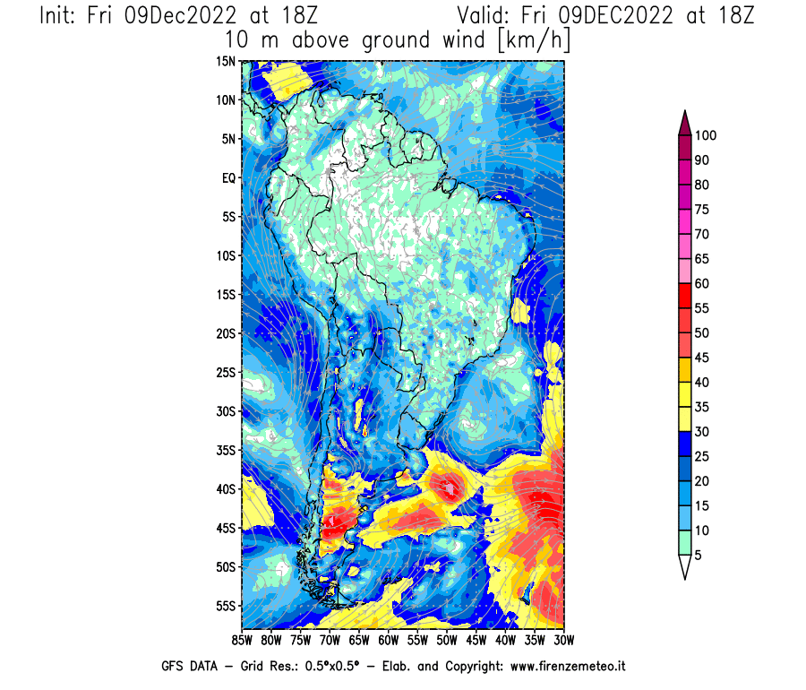 Mappa di analisi GFS - Velocità del vento a 10 metri dal suolo [km/h] in Sud-America
							del 09/12/2022 18 <!--googleoff: index-->UTC<!--googleon: index-->