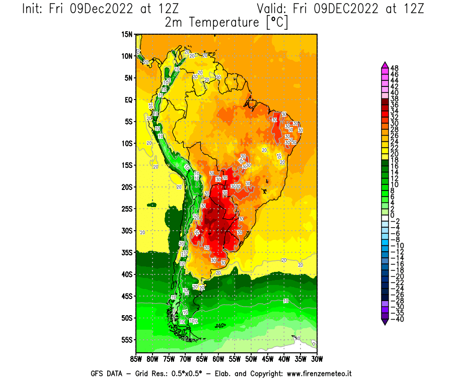 Mappa di analisi GFS - Temperatura a 2 metri dal suolo [°C] in Sud-America
							del 09/12/2022 12 <!--googleoff: index-->UTC<!--googleon: index-->