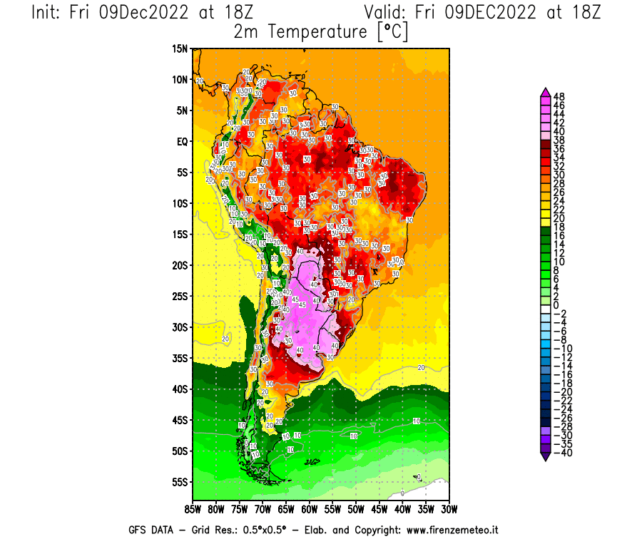 Mappa di analisi GFS - Temperatura a 2 metri dal suolo [°C] in Sud-America
							del 09/12/2022 18 <!--googleoff: index-->UTC<!--googleon: index-->